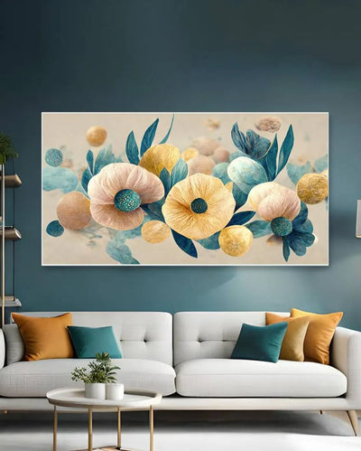 Elegant Golden Flowers Branches Canvas Frame Wall Painting 24x12 inches