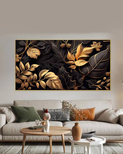 Golden Leaf Illustration Canvas Frame Wall Painting 24x12 inches