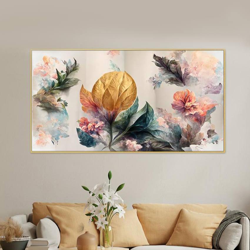 Art of Golden Flowers Canvas Frame Wall Painting 24x12 inches