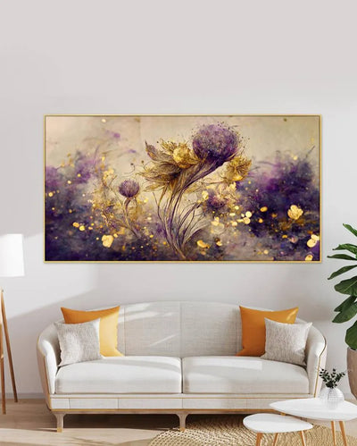 Golden and Purple Floral Delicate Flowers Canvas Frame Wall Painting 24x12 inches