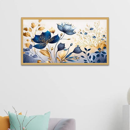 Golden Blue Flowers Wall Art Canvas Wall Painting