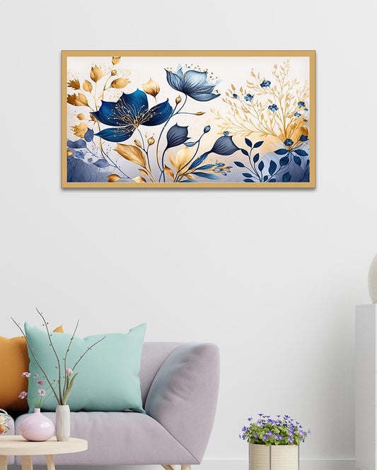 Golden Blue Flowers Wall Art Canvas Wall Painting