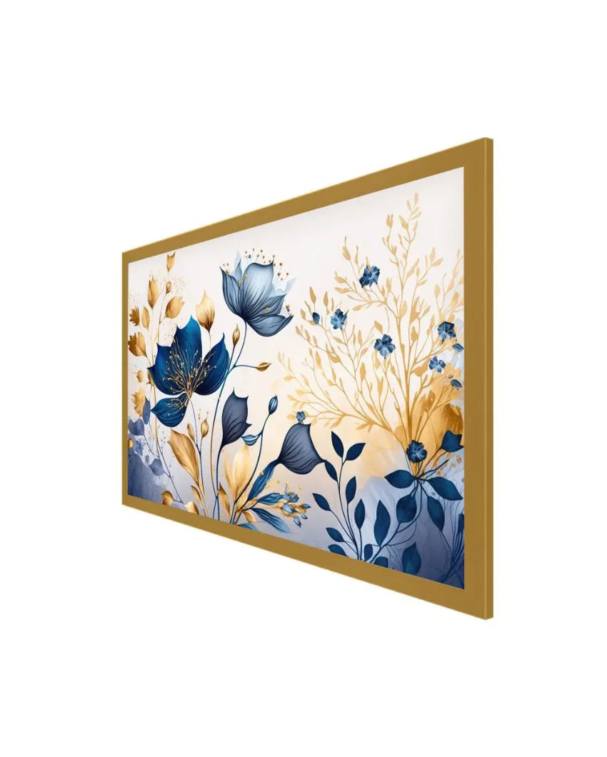 Golden Blue Flowers Wall Art Canvas Wall Painting