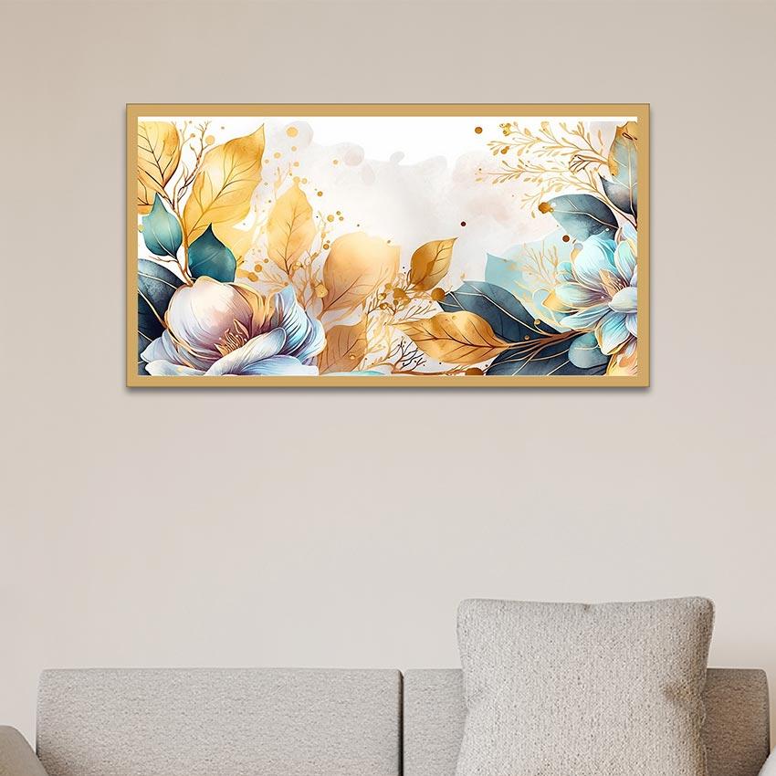 Golden Leaves Blue Flower Canvas Wall Painting