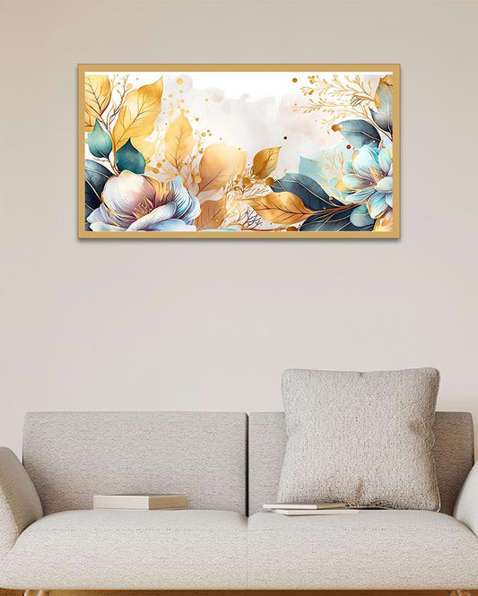 Golden Leaves Blue Flower Canvas Wall Painting