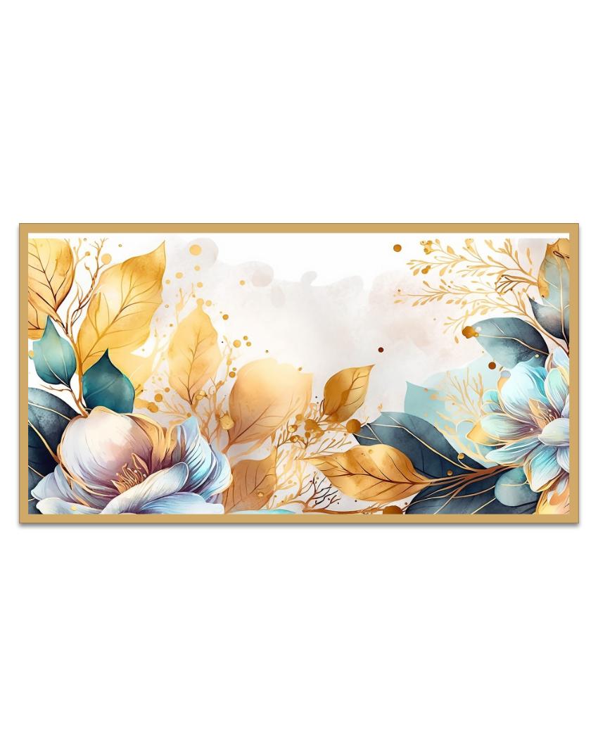 Golden Leaves Blue Flower Canvas Wall Painting