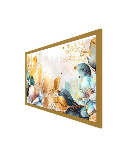 Golden Leaves Blue Flower Canvas Wall Painting