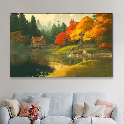 Cabin Near River Endwood Painting Canvas Wall Painting