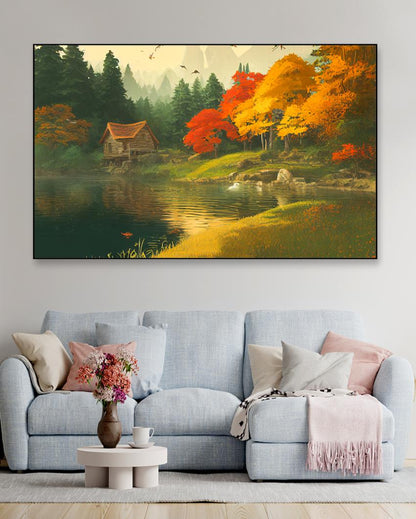 Cabin Near River Endwood Painting Canvas Wall Painting