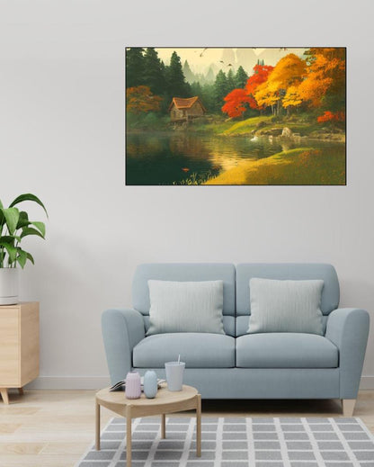 Cabin Near River Endwood Painting Canvas Wall Painting
