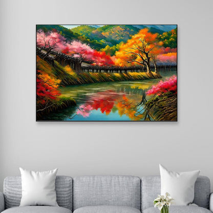 Autumn Landscape with Bridge Canvas Wall Painting