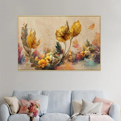 Golden Flowers Branches Vintage Canvas Wall Painting