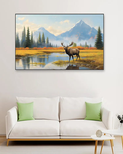 Deer Standing by Lake Canvas Wall Painting