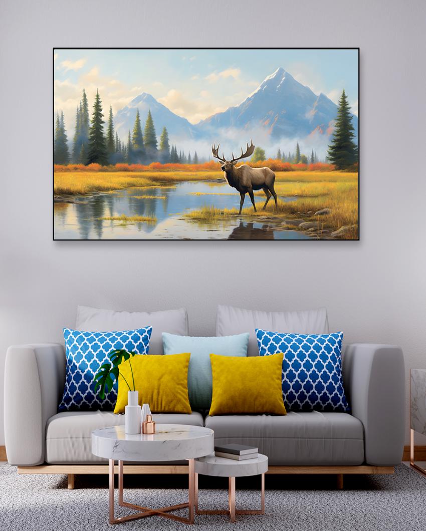 Deer Standing by Lake Canvas Wall Painting
