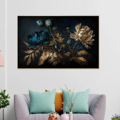 Blue Gold Flowers Painting Canvas Wall Painting