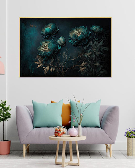 Teal Color Flowers Canvas Wall Painting