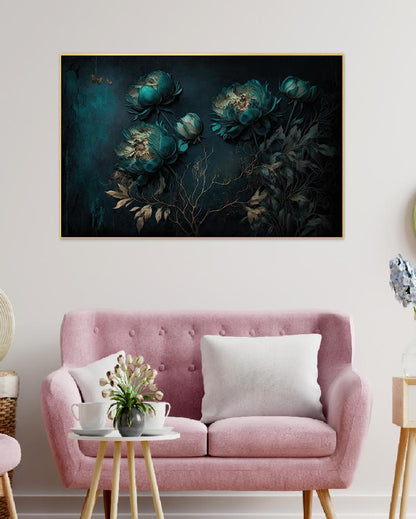Teal Color Flowers Canvas Wall Painting