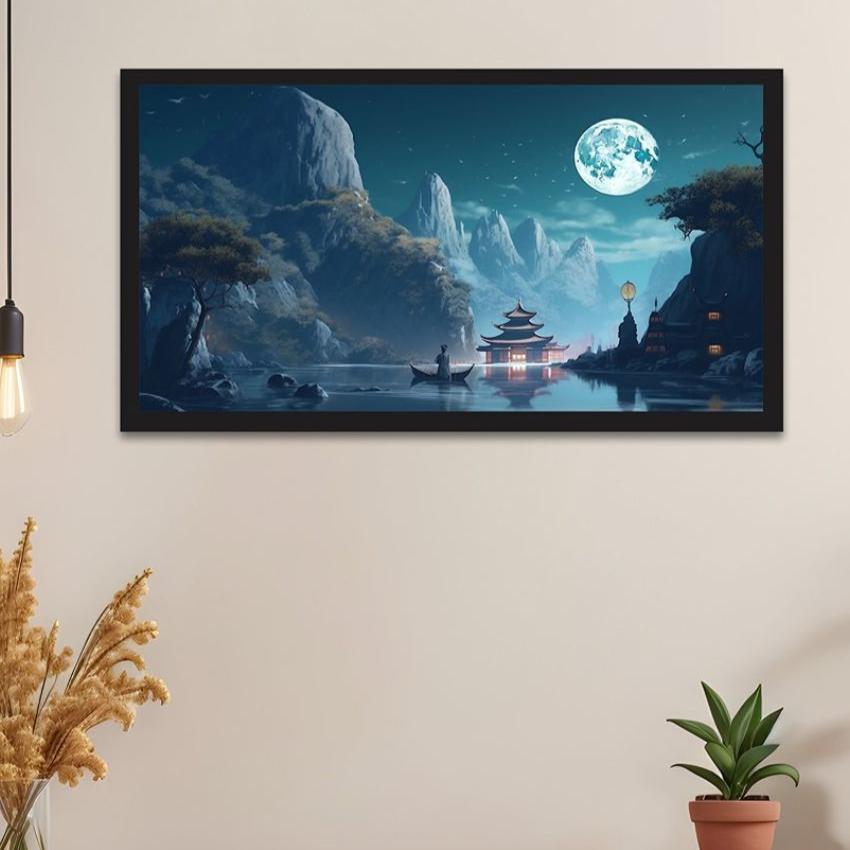 Night Time Scene Of A Chinese Temple Floating Frame Canvas For Wall Decor