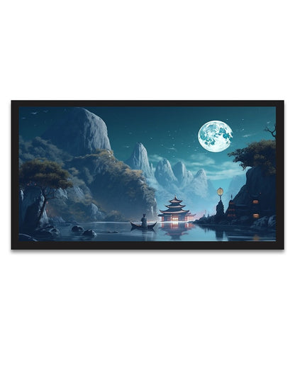 Night Time Scene Of A Chinese Temple Floating Frame Canvas For Wall Decor