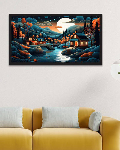 Abstract Illustration Of A Painting Of A Village In Forest With A River Wall Painting