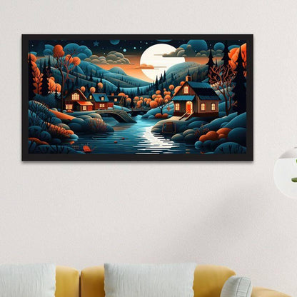 Abstract Illustration Of A Painting Of A Village In Forest With A River Wall Painting