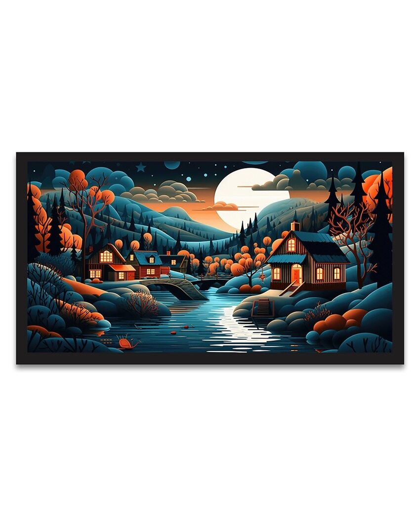 Abstract Illustration Of A Painting Of A Village In Forest With A River Wall Painting