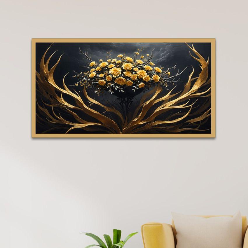 3D Yellow And Gold Flower Painting With Floating Frame