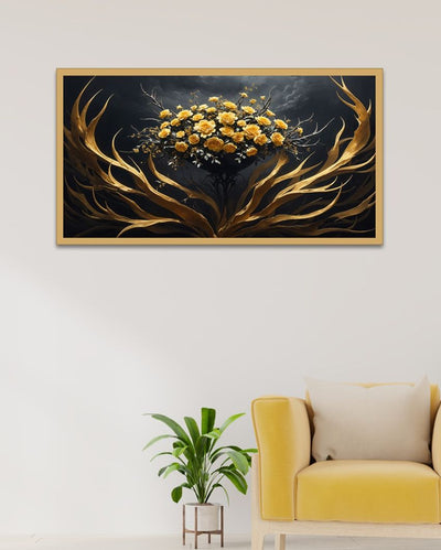 3D Yellow And Gold Flower Painting With Floating Frame