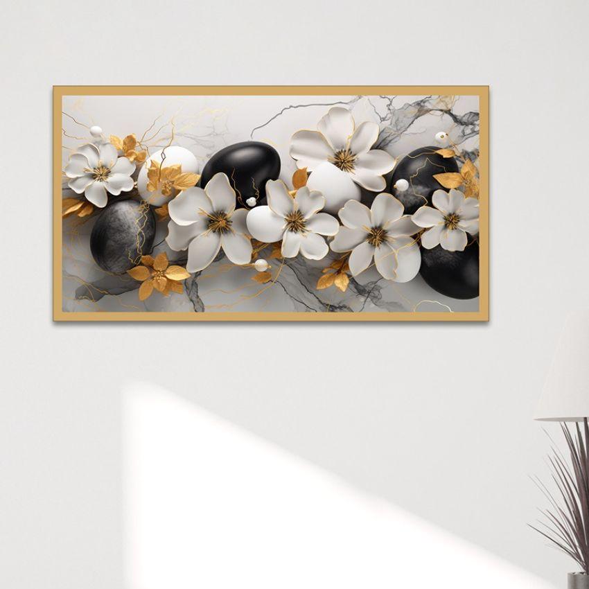 Black & White Floral With Golden Leaf Canvas Painting For Wall Decoration