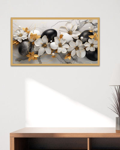 Black & White Floral With Golden Leaf Canvas Painting For Wall Decoration