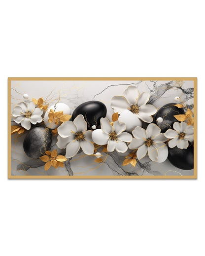 Black & White Floral With Golden Leaf Canvas Painting For Wall Decoration