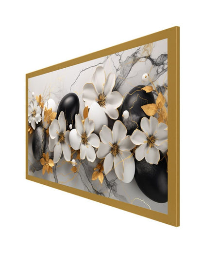 Black & White Floral With Golden Leaf Canvas Painting For Wall Decoration