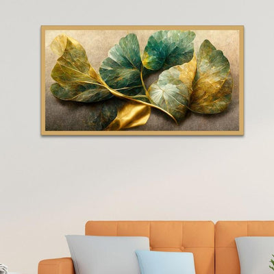 Elegant Golden & Blue Flowers & Branches Floating Framed Canvas Painting