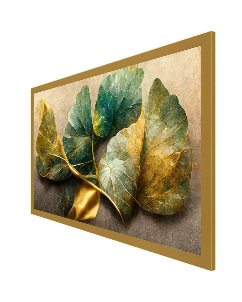 Elegant Golden & Blue Flowers & Branches Floating Framed Canvas Painting