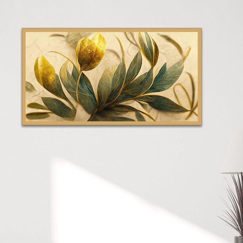 Golden & Green Flowers Leaf Floating Framed Canvas Painting For Home Decor