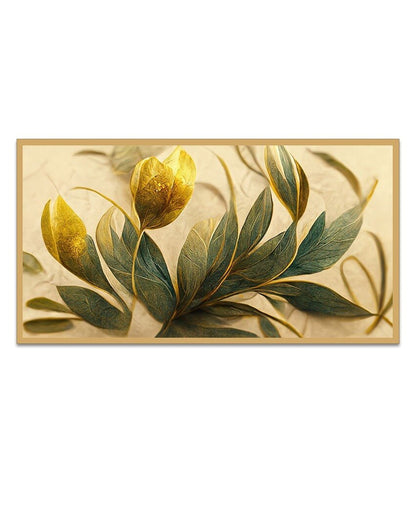 Golden & Green Flowers Leaf Floating Framed Canvas Painting For Home Decor