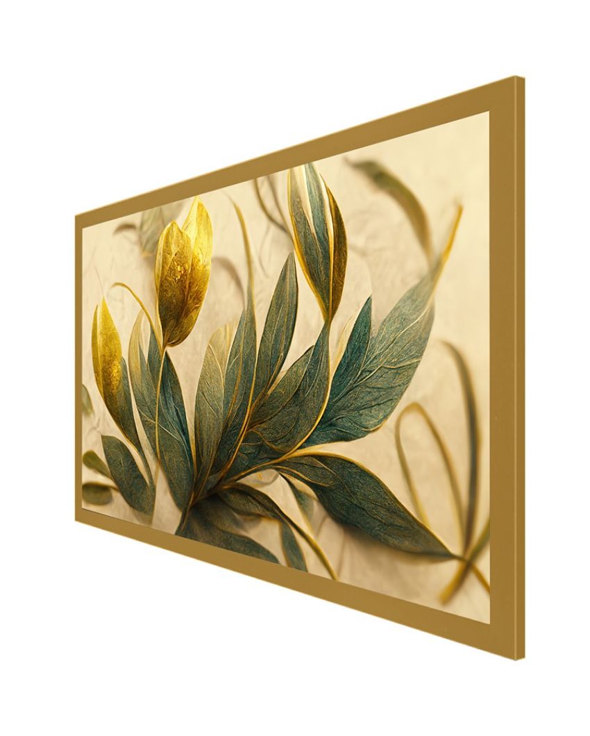 Golden & Green Flowers Leaf Floating Framed Canvas Painting For Home Decor