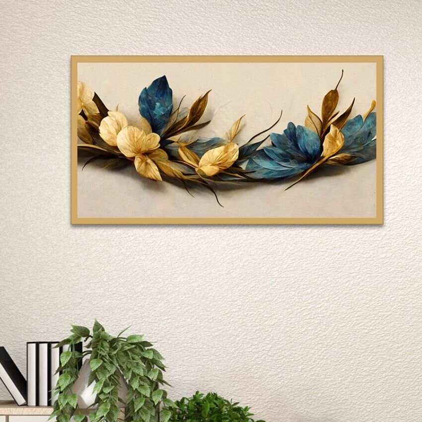 Eye-Catchy Golden Flowers & Green Leaf Floating Framed Canvas Painting For Home Decor