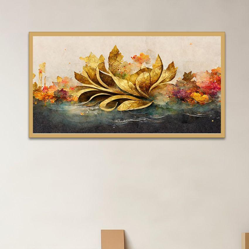 Abstract Floral Art Golden Botanical Leaves Canvas Wall Painting