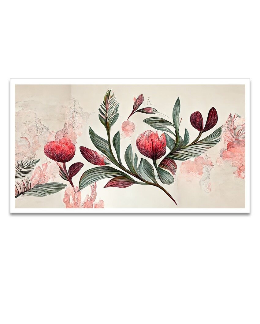 Classy Design Pink Flower & Green Leaf Canvas Painting For Home Décor