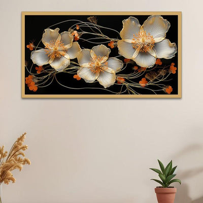 Elegant White Golden Flower Canvas Painting For Home Decor