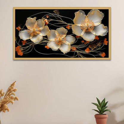 Elegant White Golden Flower Canvas Painting For Home Decor