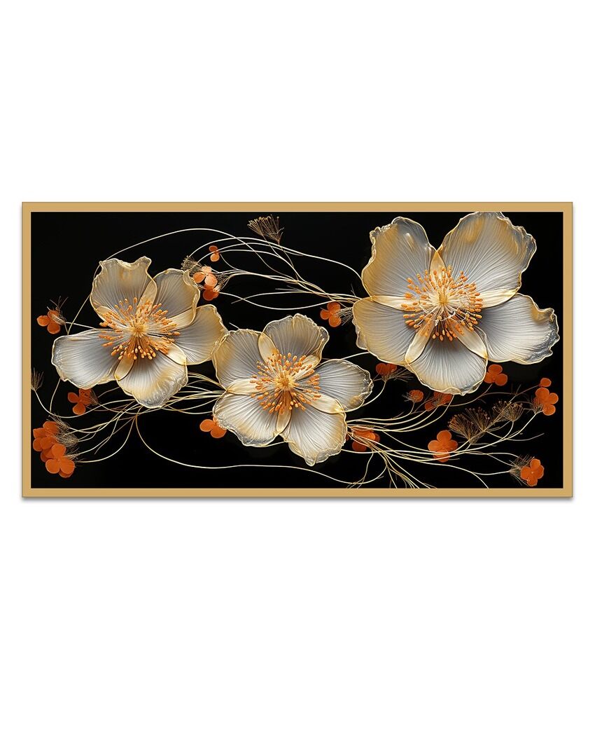 Elegant White Golden Flower Canvas Painting For Home Decor