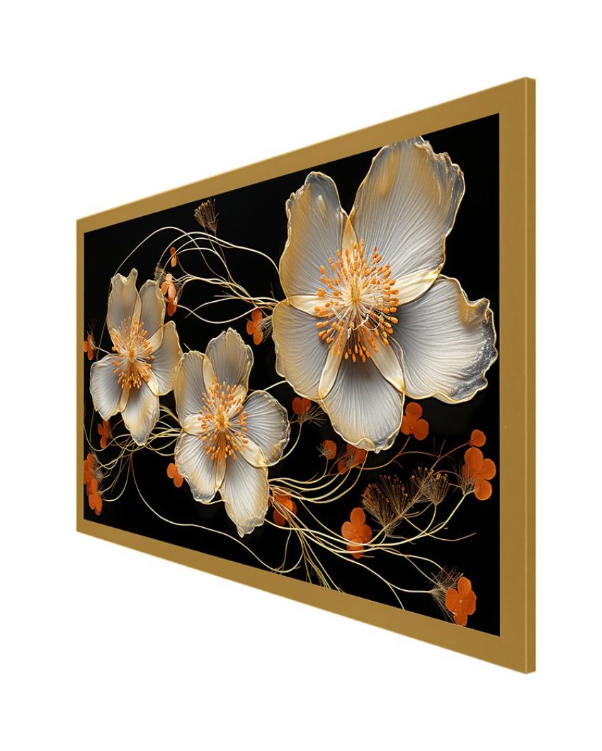 Elegant White Golden Flower Canvas Painting For Home Decor