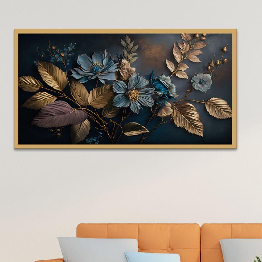 Blue Flower Golden Leaf Canvas Painting For Home Decor