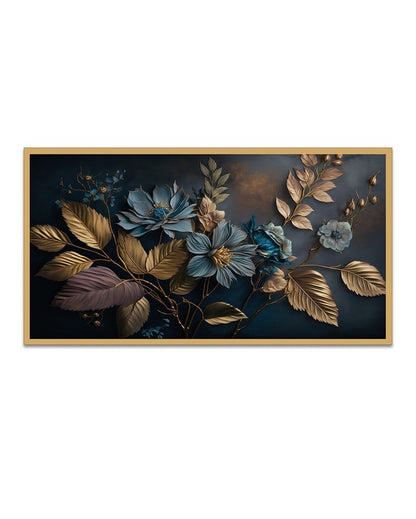 Blue Flower Golden Leaf Canvas Painting For Home Decor