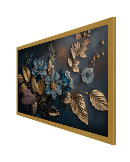 Blue Flower Golden Leaf Canvas Painting For Home Decor