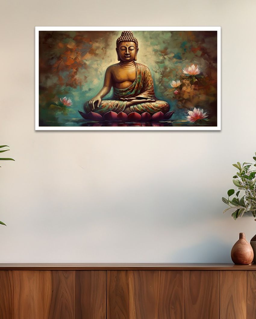 Meditating Buddha With Lotus Flower Religious Canvas Painting For Wall Decor