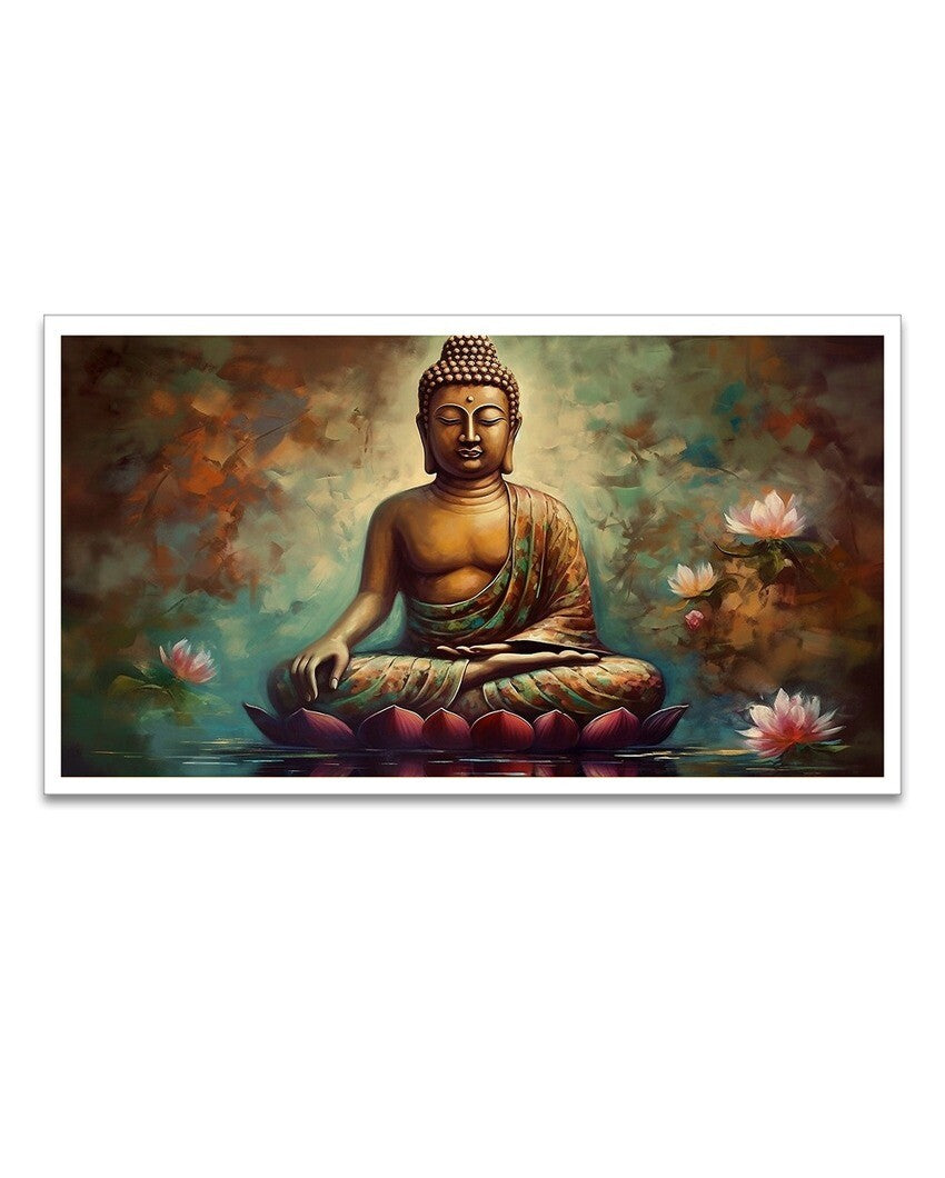 Meditating Buddha With Lotus Flower Religious Canvas Painting For Wall Decor