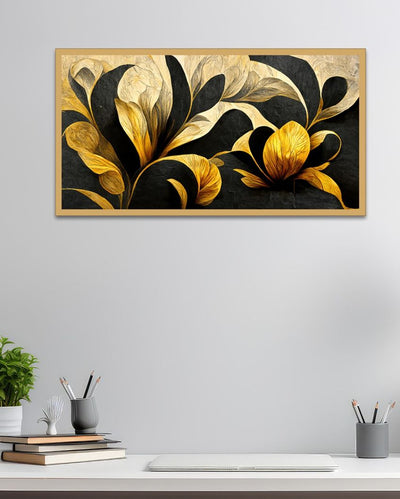 Gold & Black Abstract Design 3D Floral Illustration Canvas Painting For Wall Decor